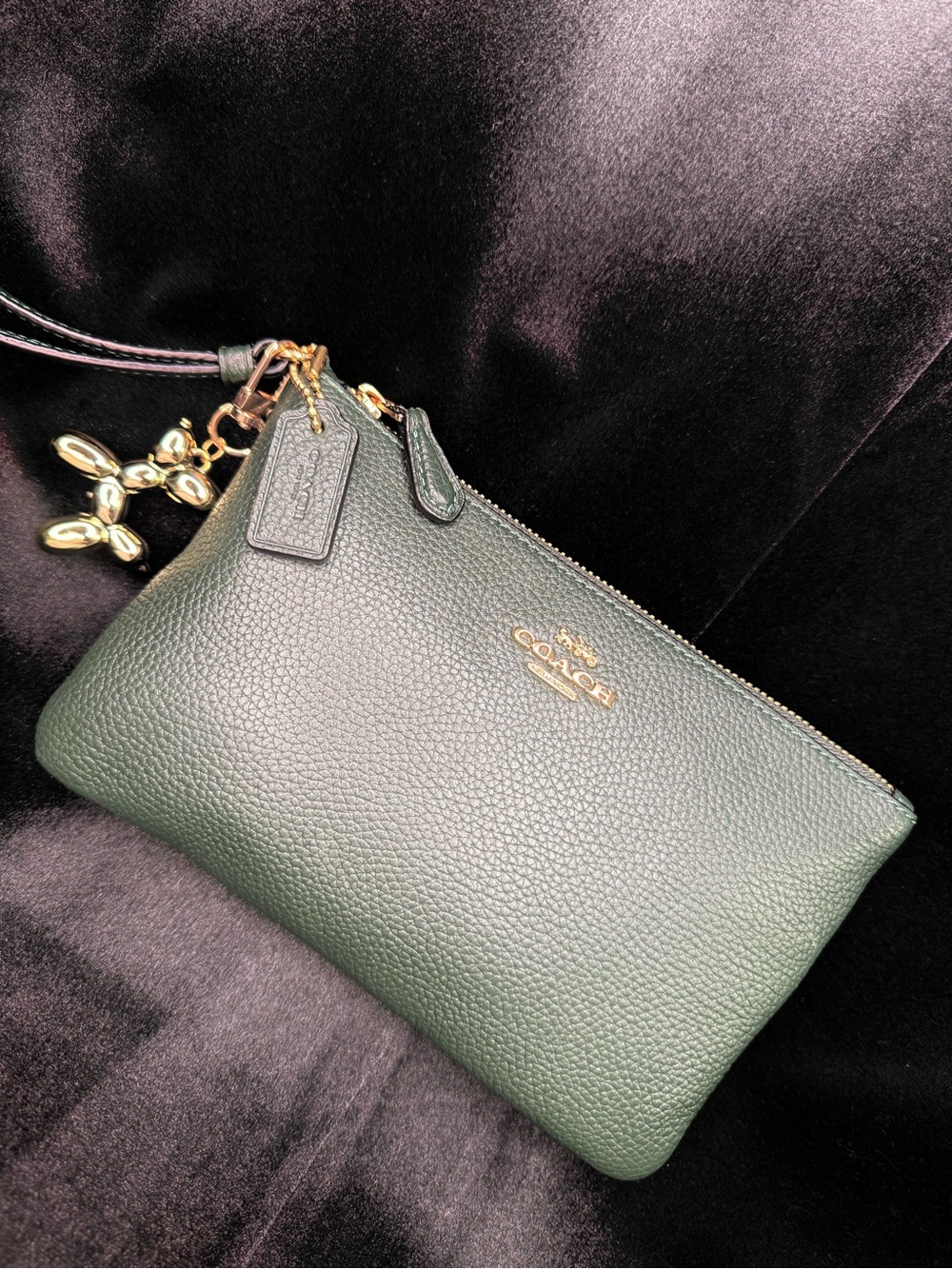 Coach Dark Green Pebbled Leather Wristlet with Gold Hardware